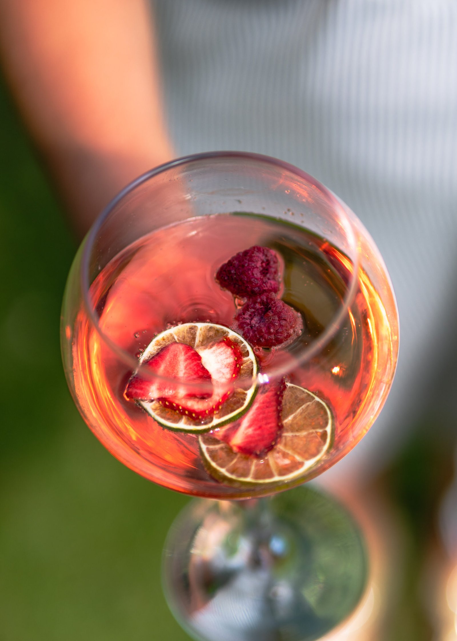 Gin glass with dehydrated lime, strawberry and raspberry