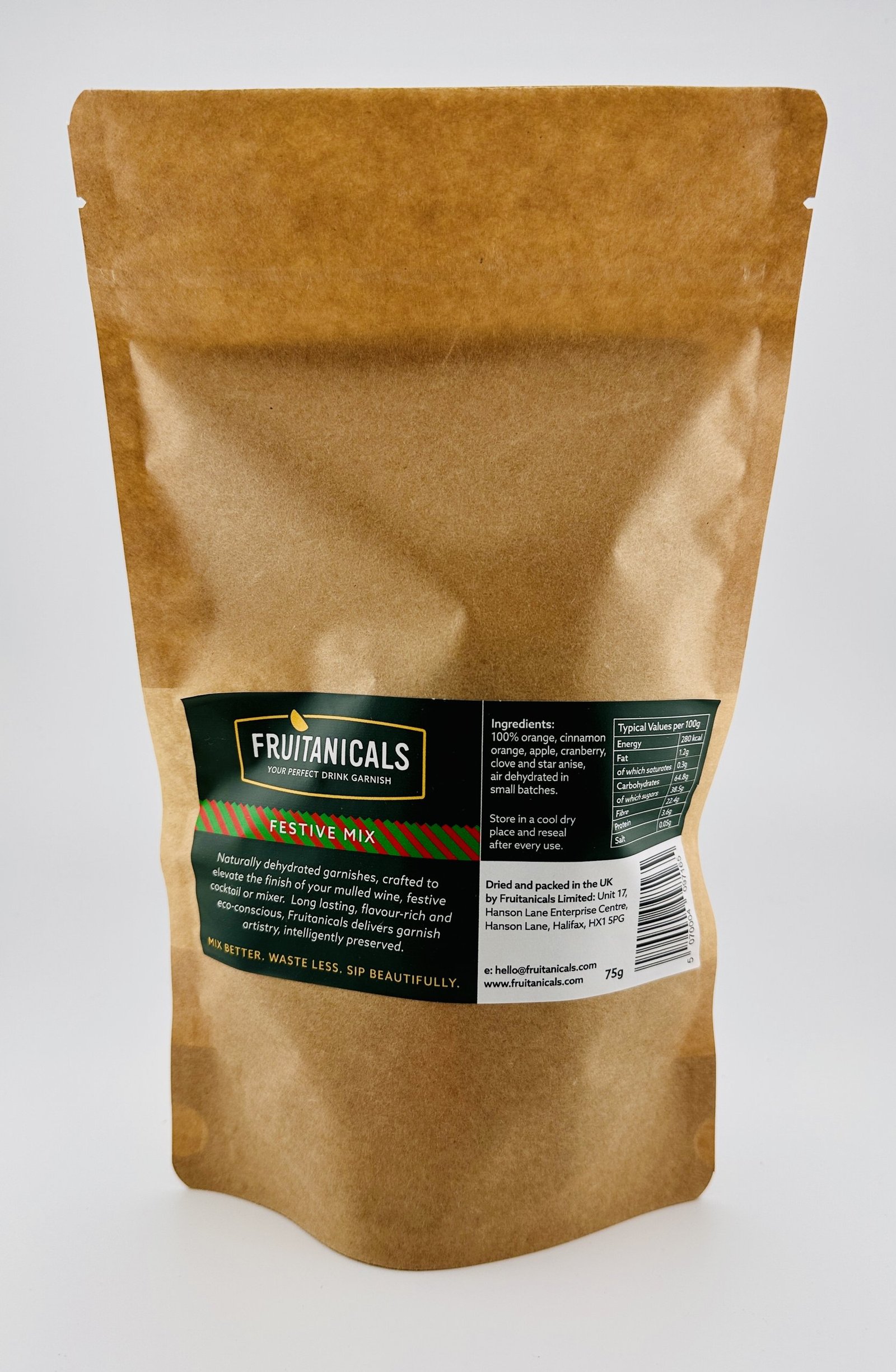 Back label of Fruitanicals Festive Mix 75g pack showing ingredients