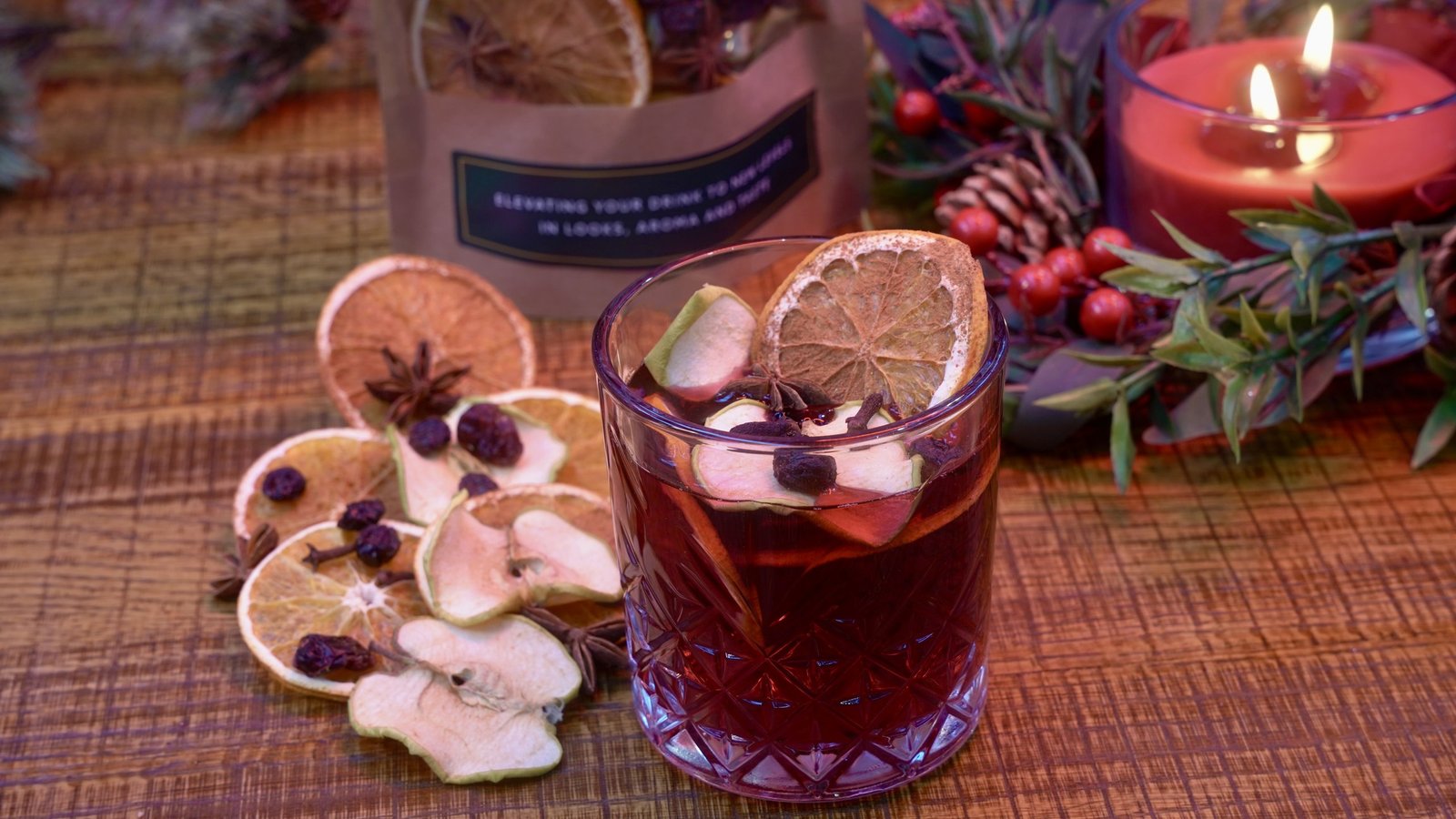 Mulled wine garnished with Festive Mix dehydrated orange, apple and cranberry